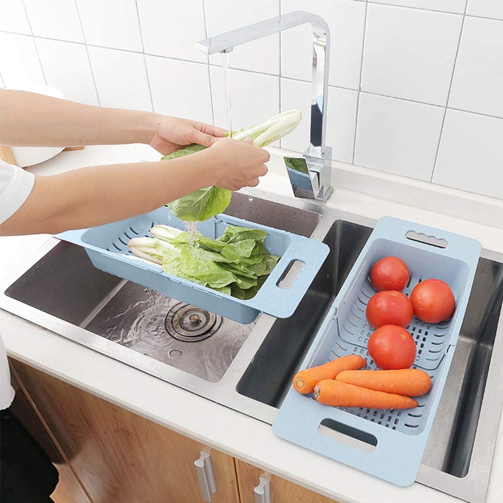 Sink Colander 3PC Multifunctional Extendable Over Sink Dish Drying Rack Strainer