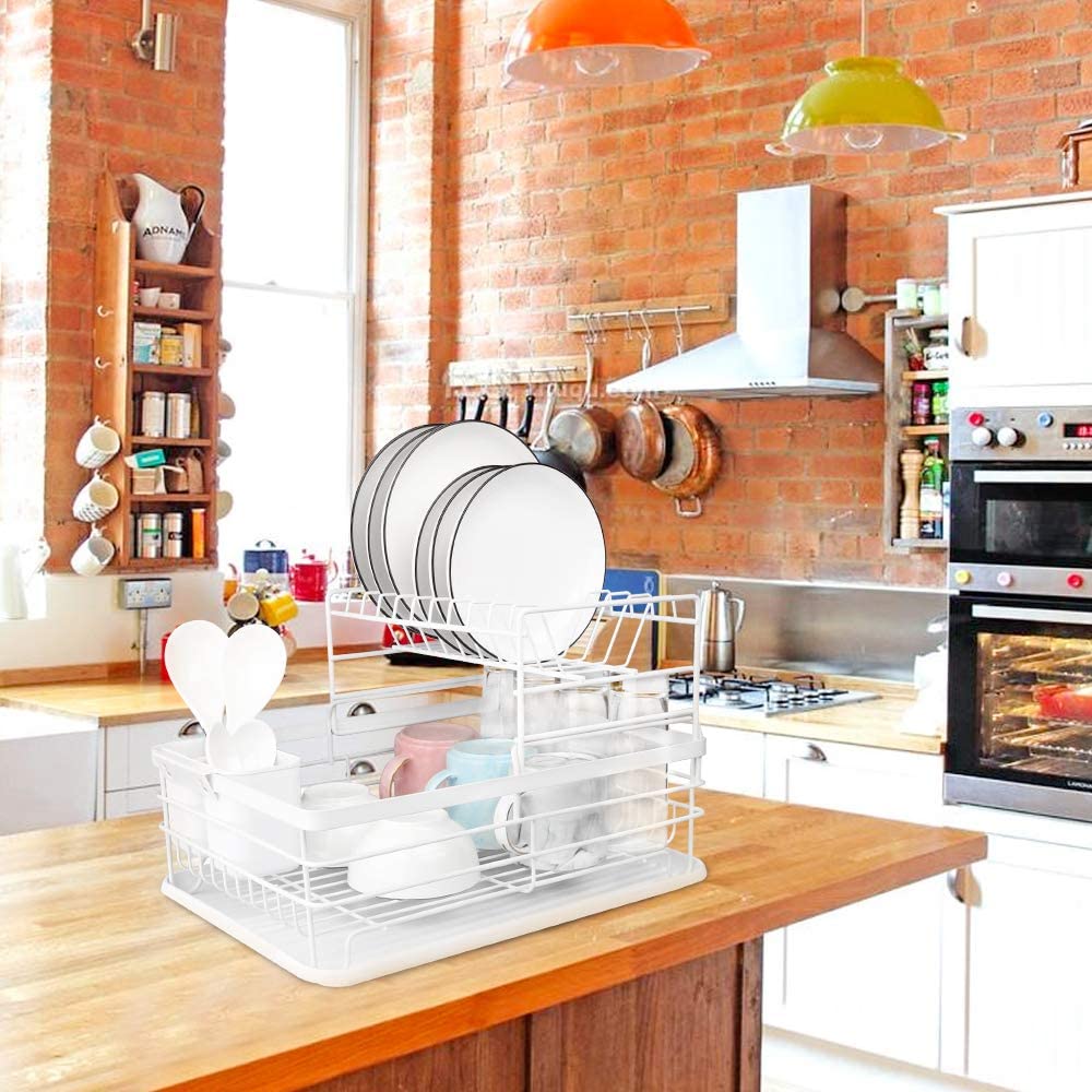 Dish Rack Utensil Holder 2-Tier Air Dry Drain Board Kitchen Plate Cup Dry Rack