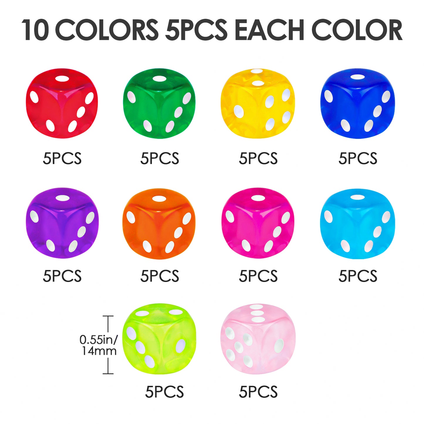 50PCS 14MM Game Dice Set, Solid 6-Sided Translucent Vintage Colors Rounded Cor