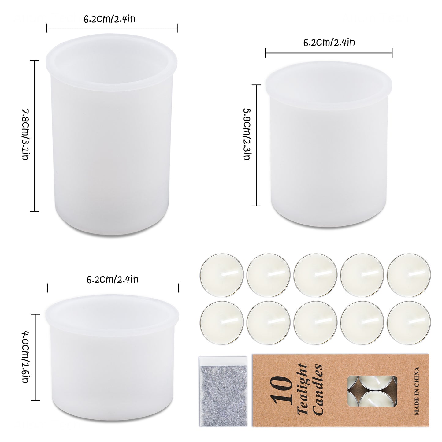 3PCS Cylinder Candle Holder Epoxy Resin Casting Silicone Mold Kit+10PCS Tealig