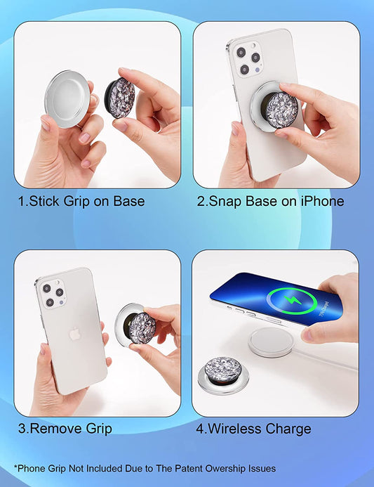 Removable Magnetic Base Phone Grip Holder Ring Stand Wireless Charging (Silver)