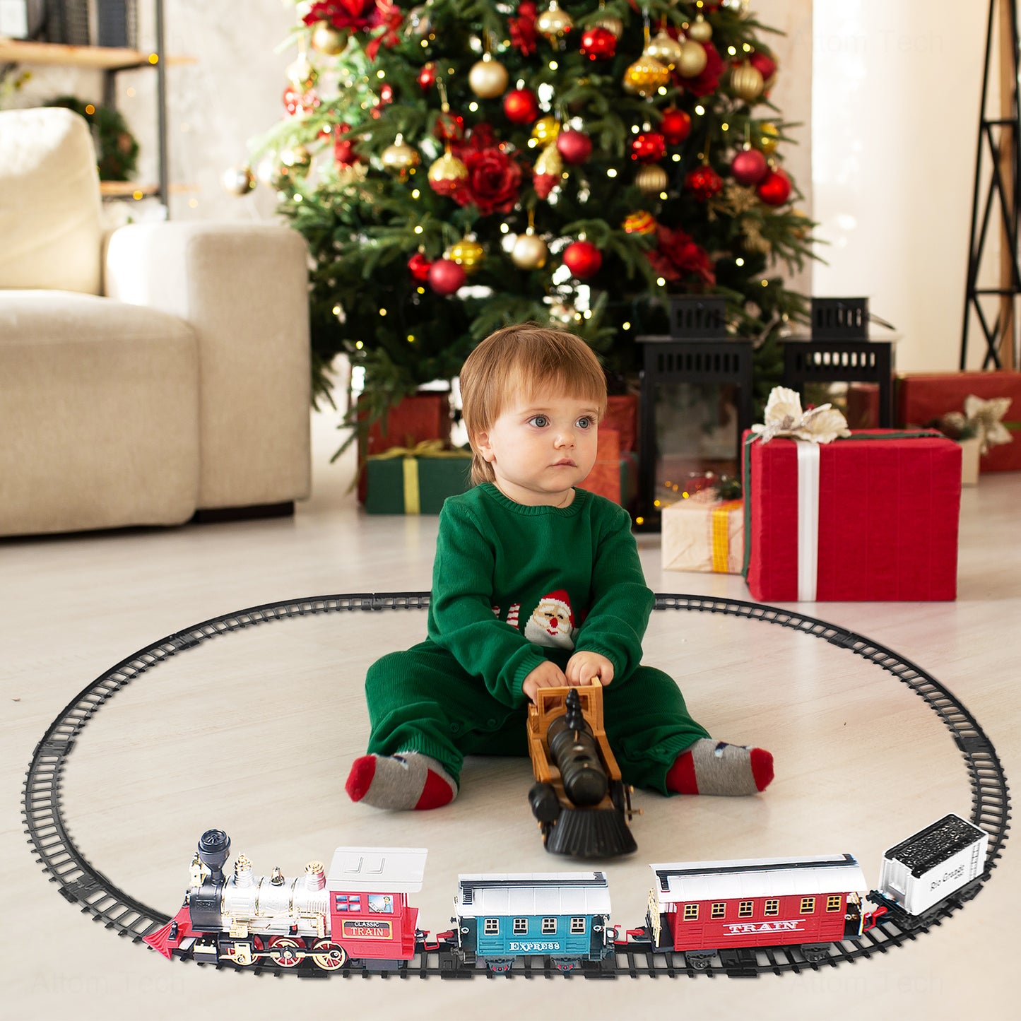 Vintage Electric Steam Smoke Locomotive Engine Toy Train Set for Kids, Battery