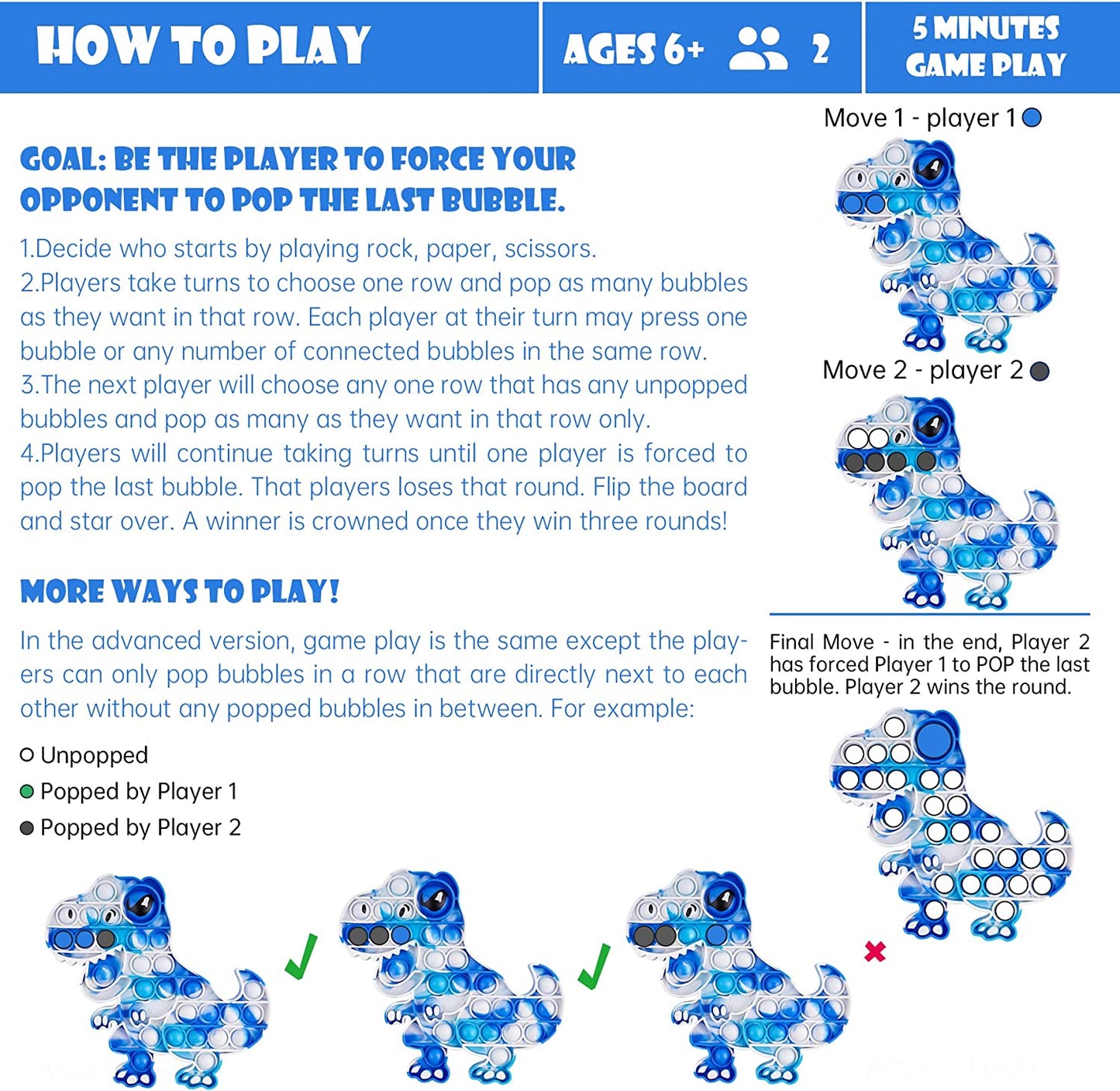 Pop Bubble Fidget Sensory Toy Large Silicone T-Rex Dinosaur Print Eye Blue/White