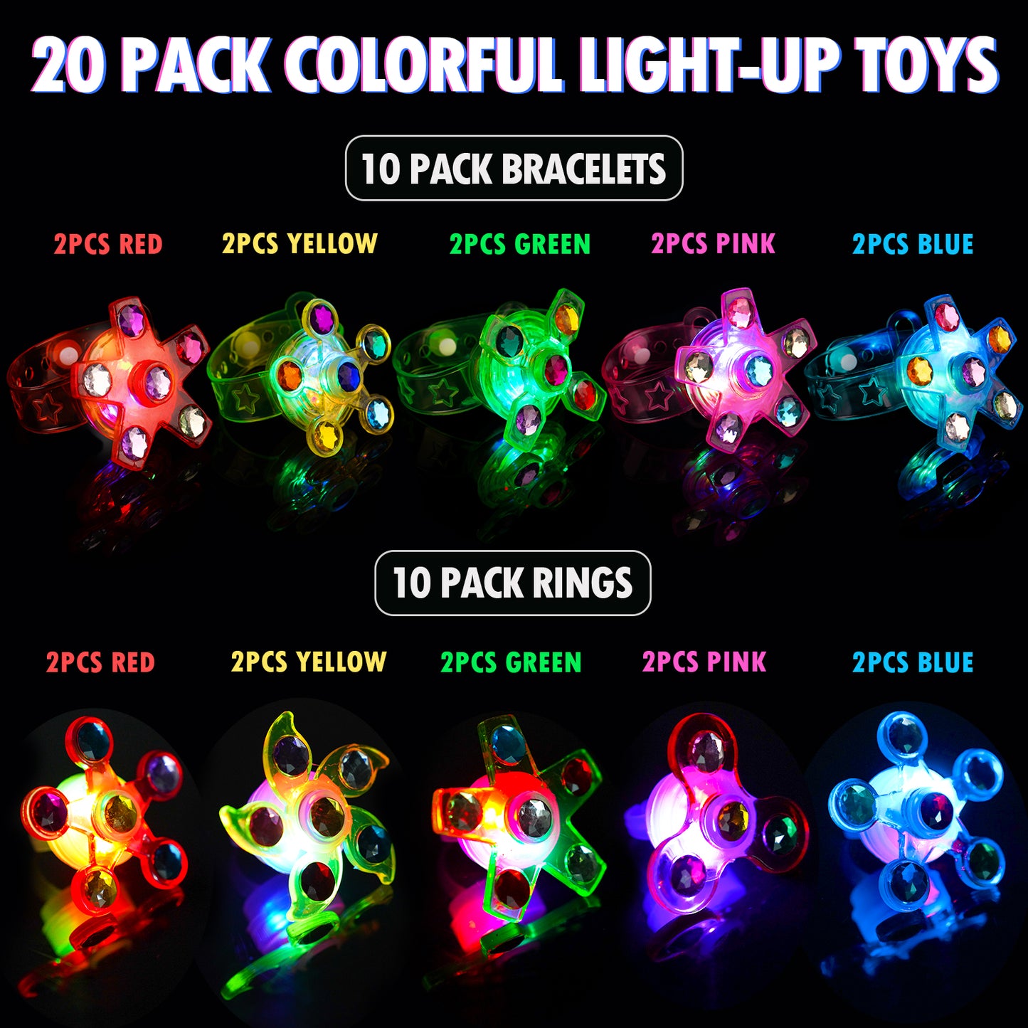 LED Light Spinner Toy Party Favor 20PCS (10 Rings+10 Bracelets) Glow In The Dark