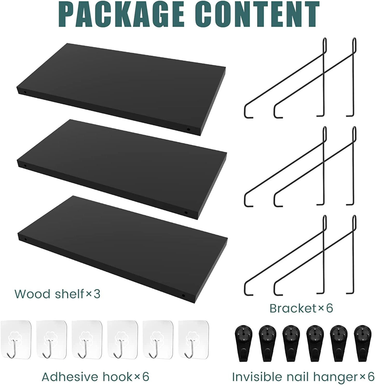 Wooden Floating Shelf Set of 3 Wall Mounted Decorative Display 11.7x5.9 (Black)