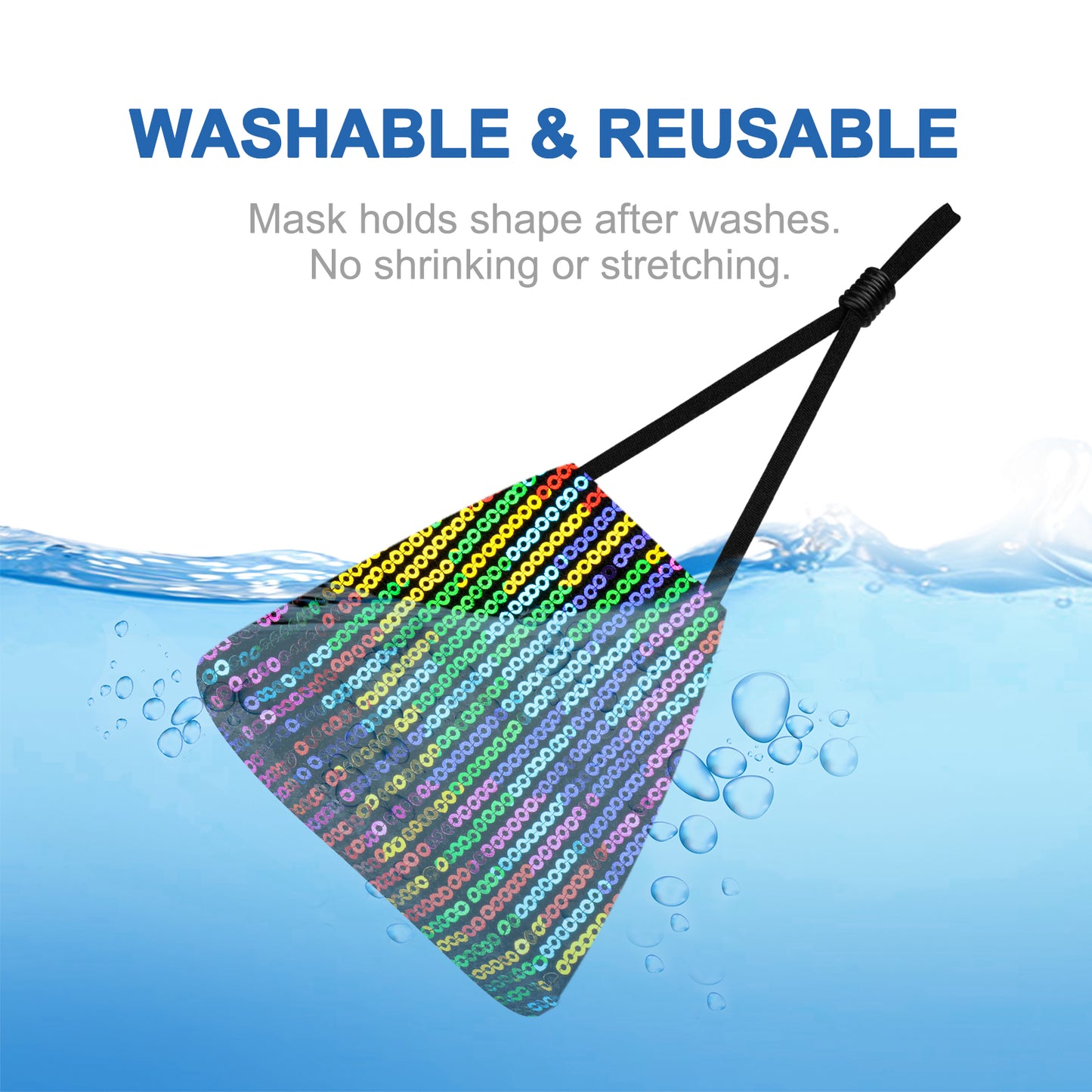 Fashion Rainbow Multi Color Glitter Sequin on Black Reusable for Women Adjustab
