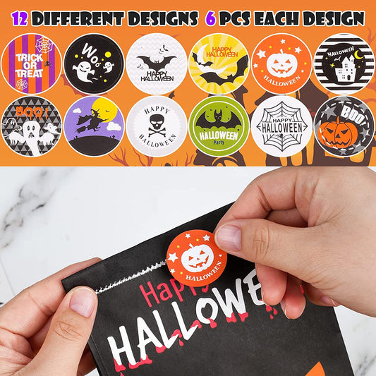 64PCS Halloween Treat Paper Bags 72PCS 1" Round Stickers Assorted Trick or Treat