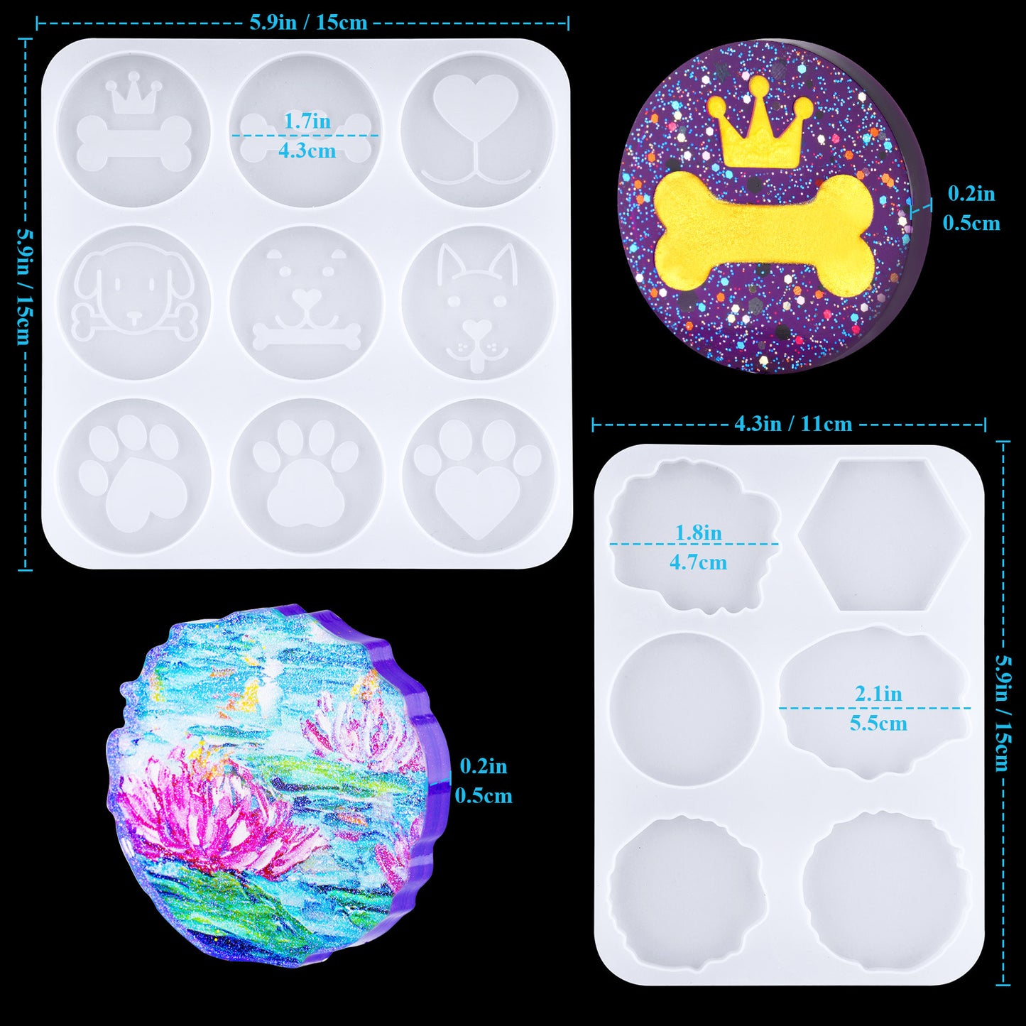 Phone Grip Holder Epoxy Resin Casting Silicone Mold Kit, 9 Round Animal Patter