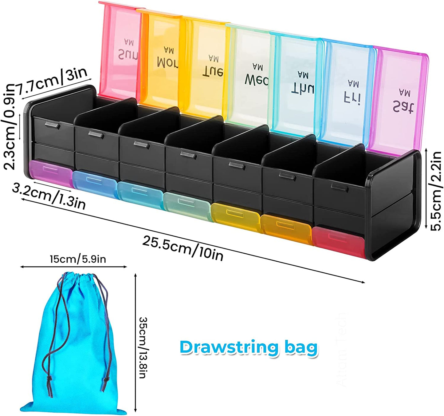 Extra Large Pill Organizer Travel Bag Double-Side 7-Day Pill Holders Multi-Color