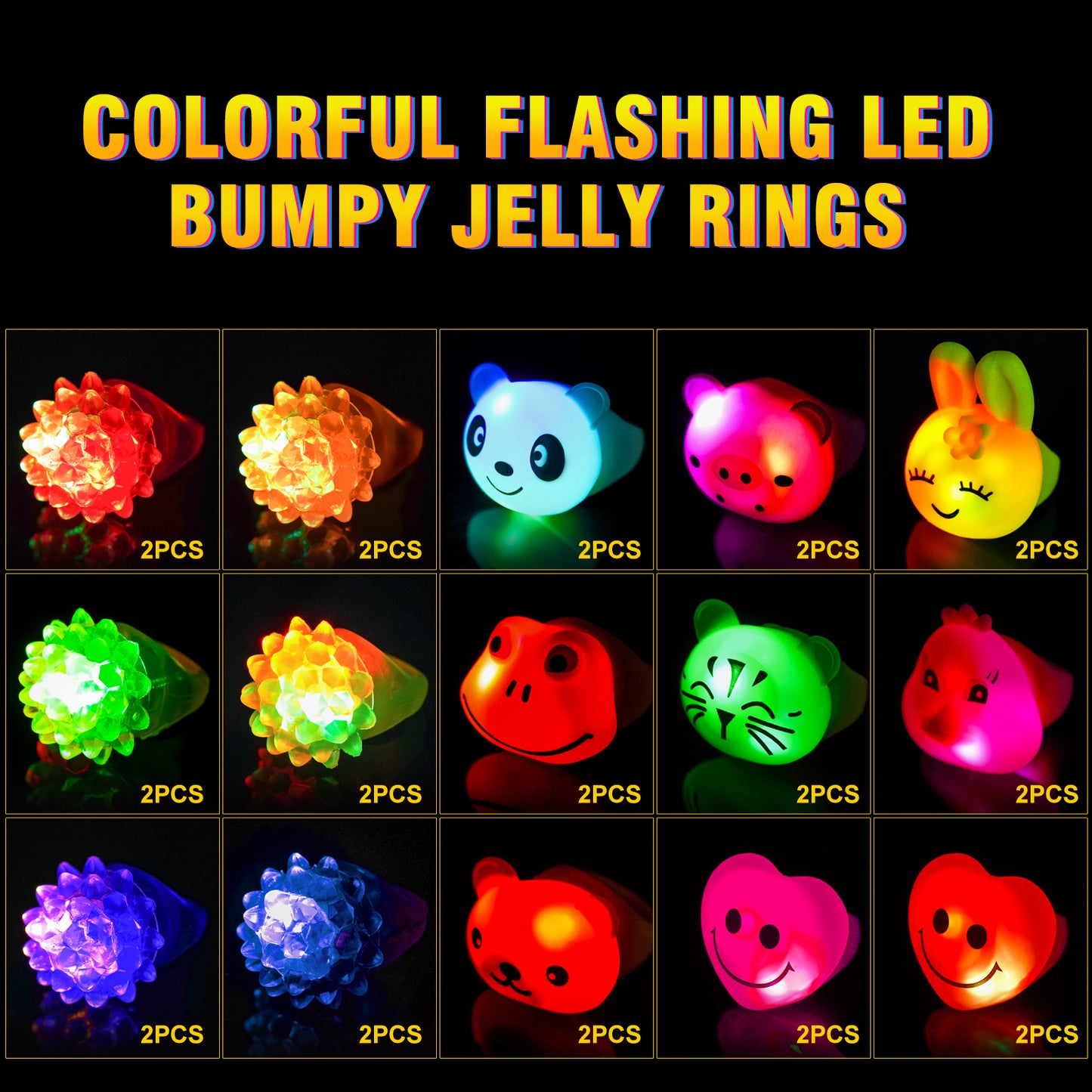 30PC Flashing LED Light Up Bumpy Jelly Rubber Ring 10 Shapes Colorful Finger Toy