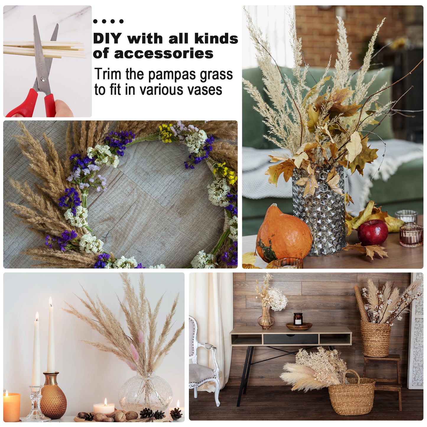 75PCS Natural Dried Pampas Grass Stems Decoration Set (15 White Pampas+15 Brow