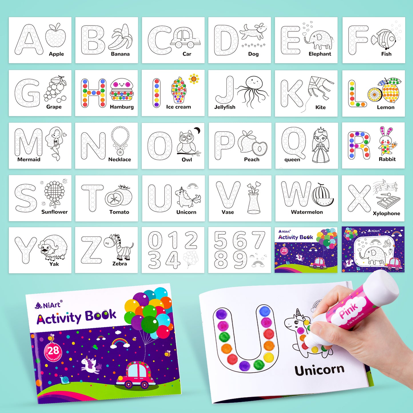 Dot Marker Set, 10 Colors Paint Marker (70 ml/2.36 oz) + 28 Pages Activity Boo