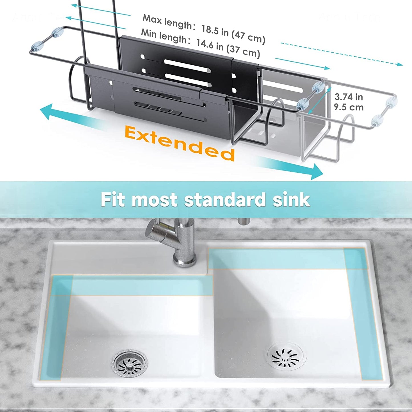 Adjustable Sink Storage Rack 2-In-1 Stainless Steel Sponge Caddy Organizer