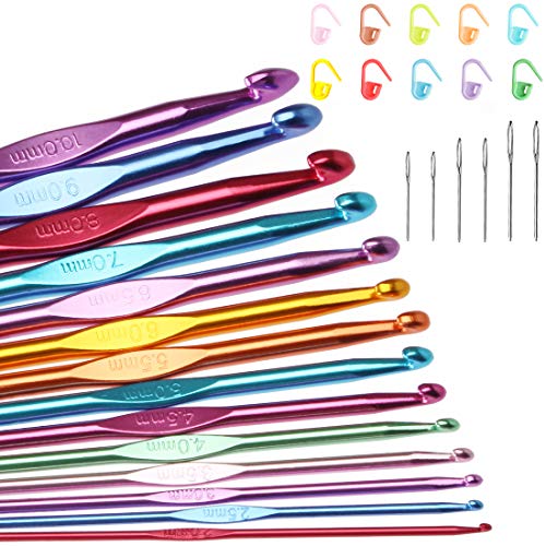 14 Sizes Crochet Hooks Set Multi-Color Metallic Plated Aluminum Knitting Needles