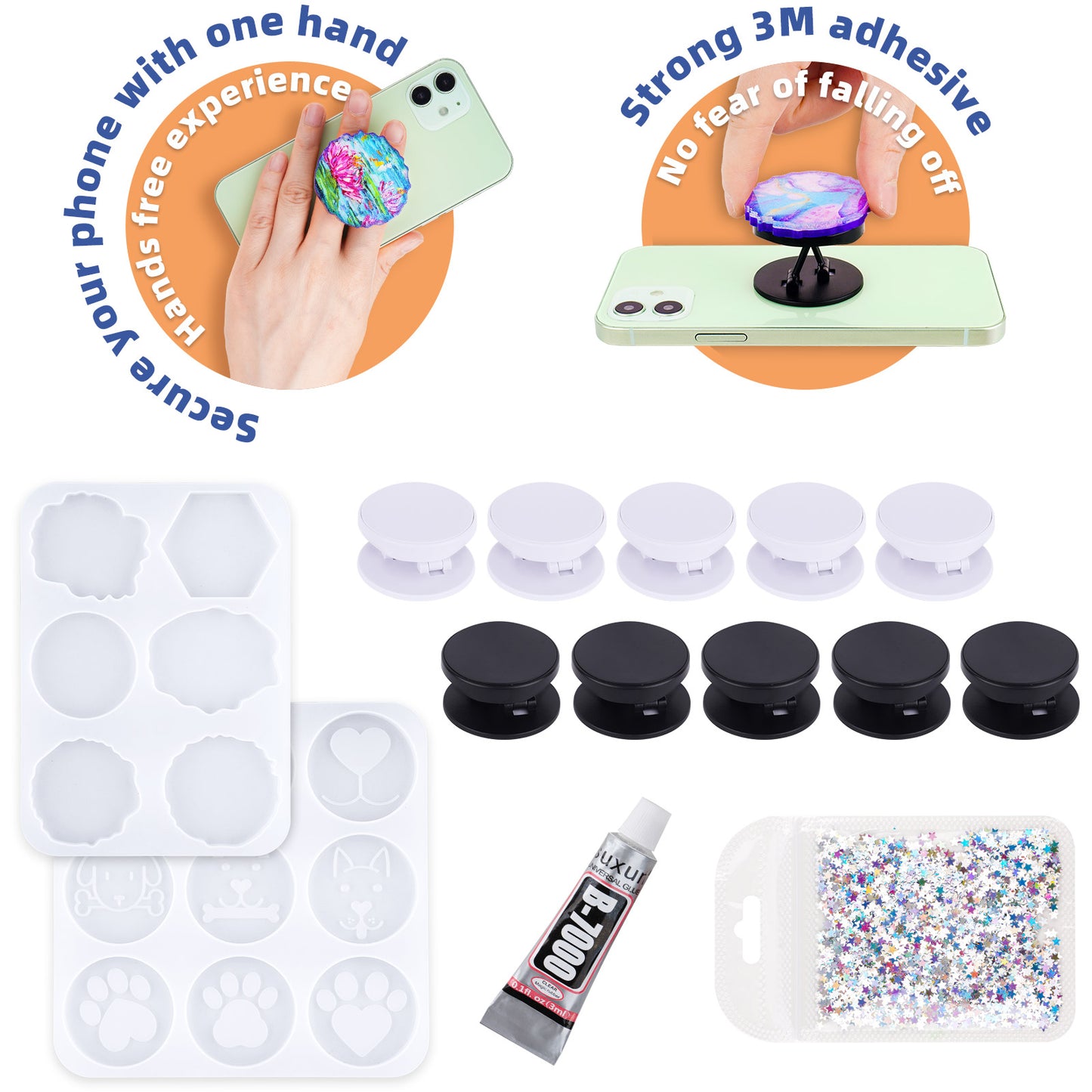 Phone Grip Holder Epoxy Resin Casting Silicone Mold Kit, 9 Round Animal Patter