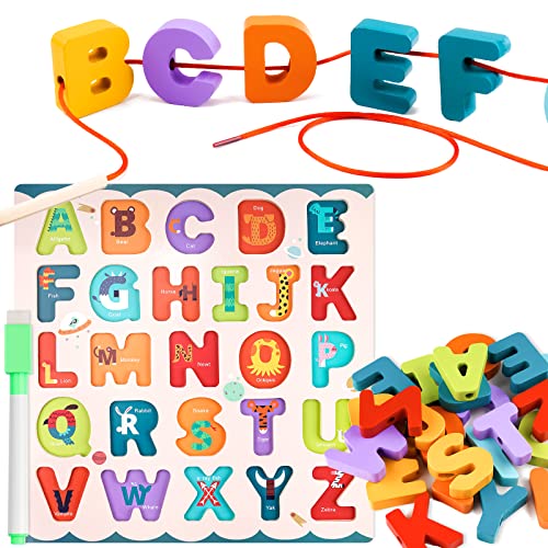 3-In-1 Wooden Alphabet Letter Block Learning Puzzle Whiteboard Lacing Toy