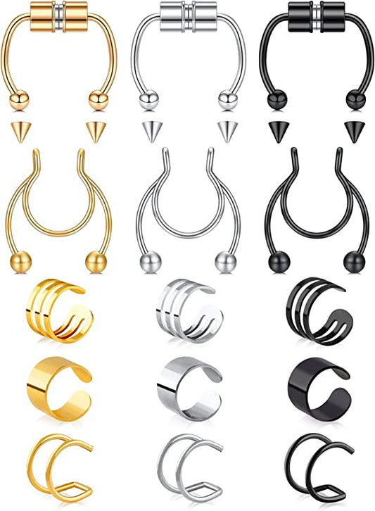 Clip-On Stainless Steel Septum Jewelry 15PCS Fake Nose Rings Hoops Non-Piercing