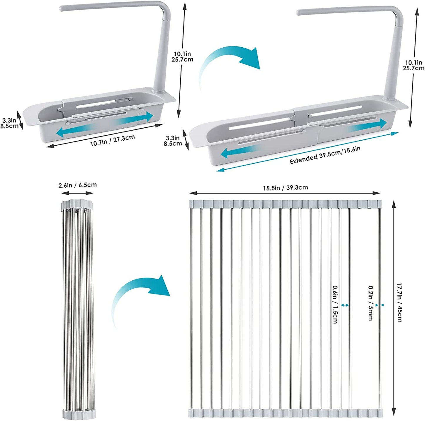 Roll Up Dish Drying Rack w/ Sink Caddy Expandable Over The Sink Dish Drying Rack