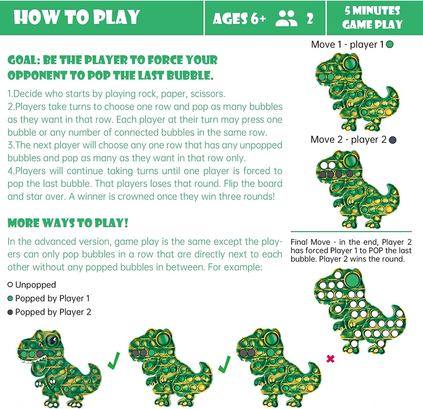 Pop Bubble Fidget Sensory Toy Silicone T-Rex Dinosaur Stress Reduce Green/Yellow