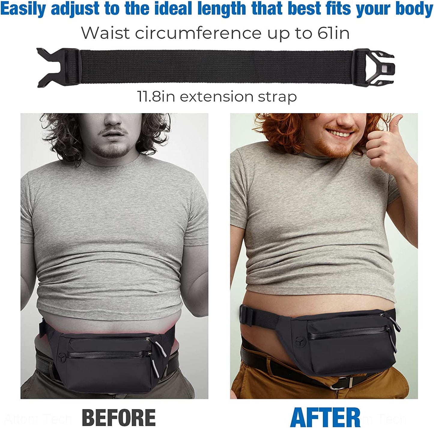 Large Unisex Crossbody Fanny Pack 3 Zipper Pockets Adjustable Strap for Sports