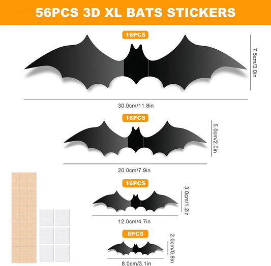 58PC Large 3D Halloween Flying Bats Decor Kit Spooky Party Supply Trick or Treat