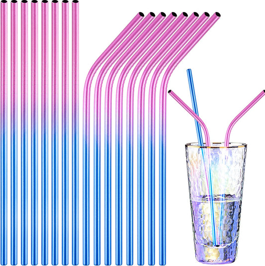 Reusable Stainless-Steel Straws 16PC 2 Cleaning Brushes 8 Straight & 8 Bent Long