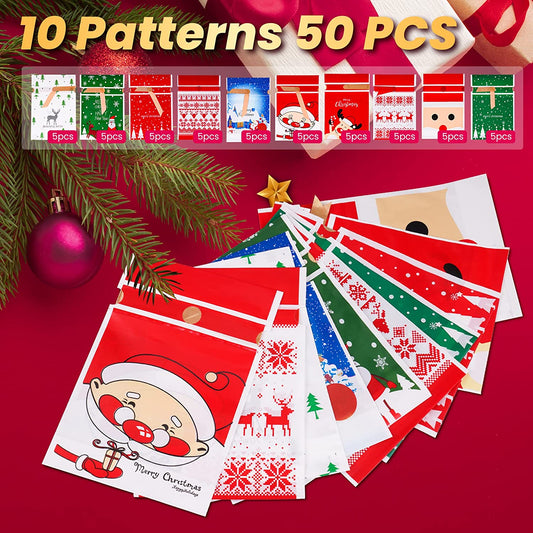 Christmas Candy Bag 50PCS 10 Designs 5.9x9 Candy Goodies Plastic Drawstring Gift