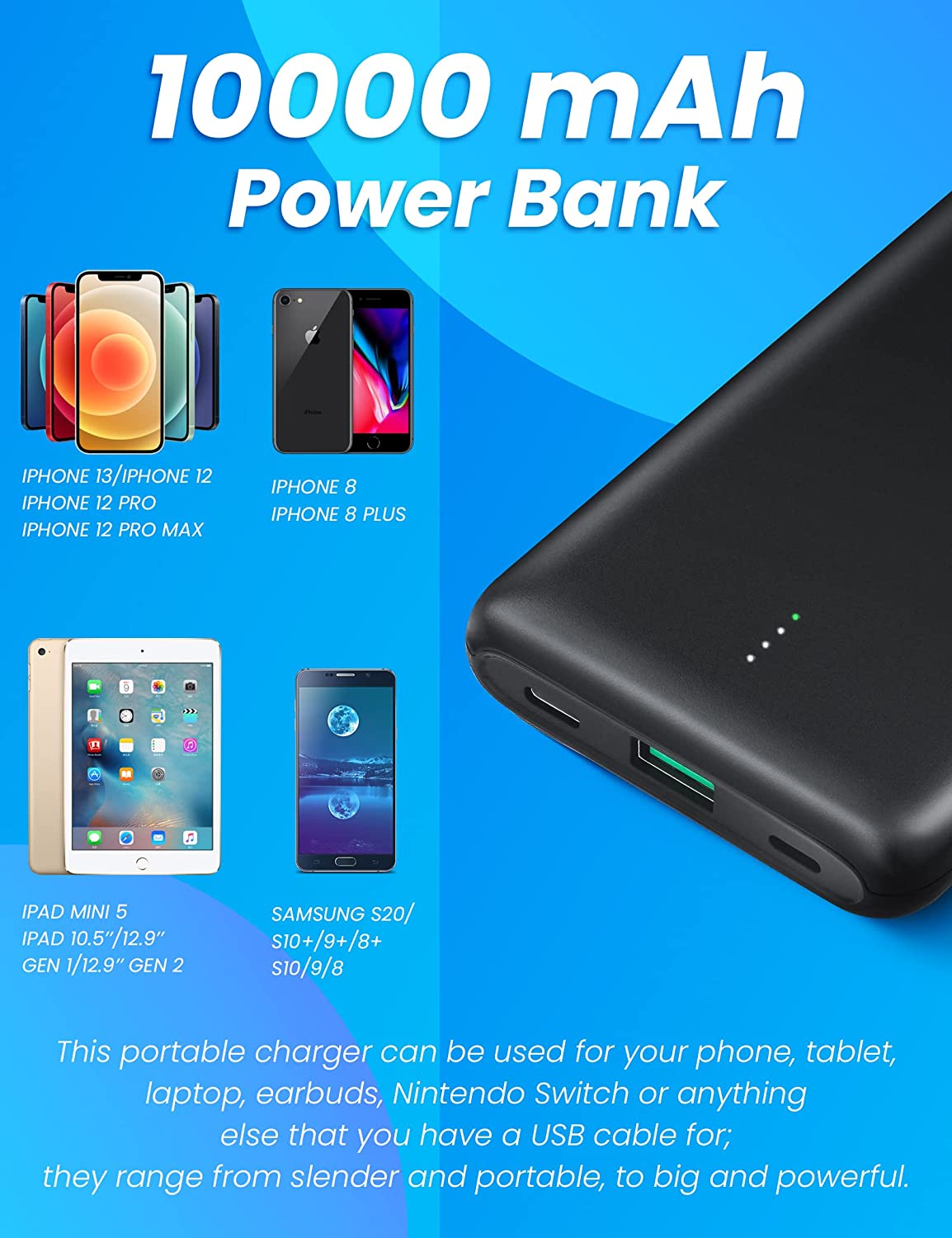 22.5W 10000mAh PD3.0 QC 3.0 Portable Battery Power Bank Type-C 2-Way High-Speed
