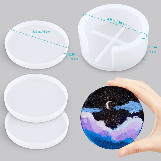 Silicone Resin Mold Kit 4PCS Round Coasters Storage Box Laser Blue Star Sequin