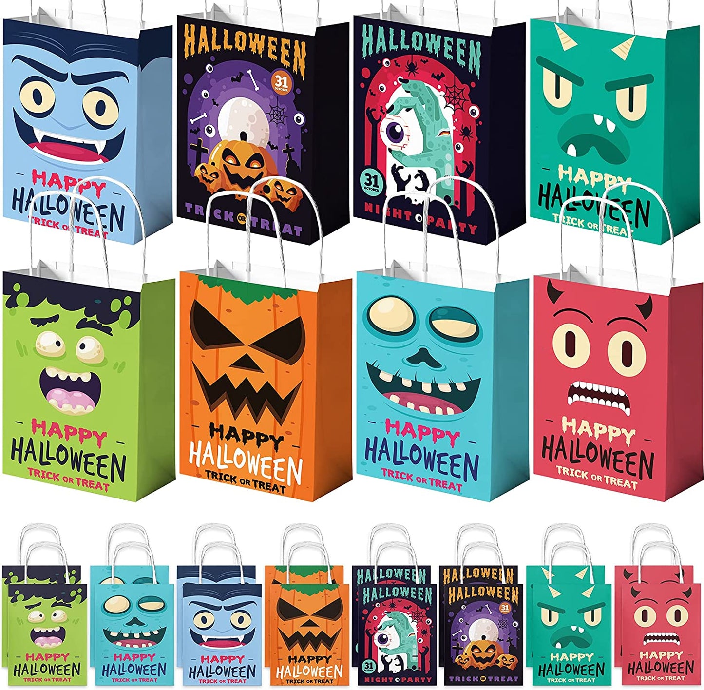 16PCS Halloween Kraft Paper Treat Bag Handle Trick or Treat Holiday Party Favor