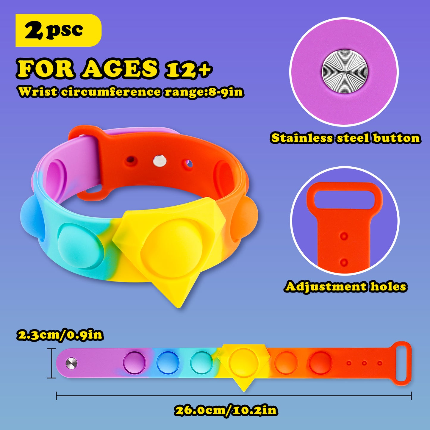 2PCS Push Pop Bubble Wristband Fidget Sensory Toys Rainbow Wearable Hand Watch