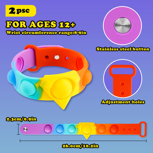 2PCS Push Pop Bubble Wristband Fidget Sensory Toys Rainbow Wearable Hand Watch