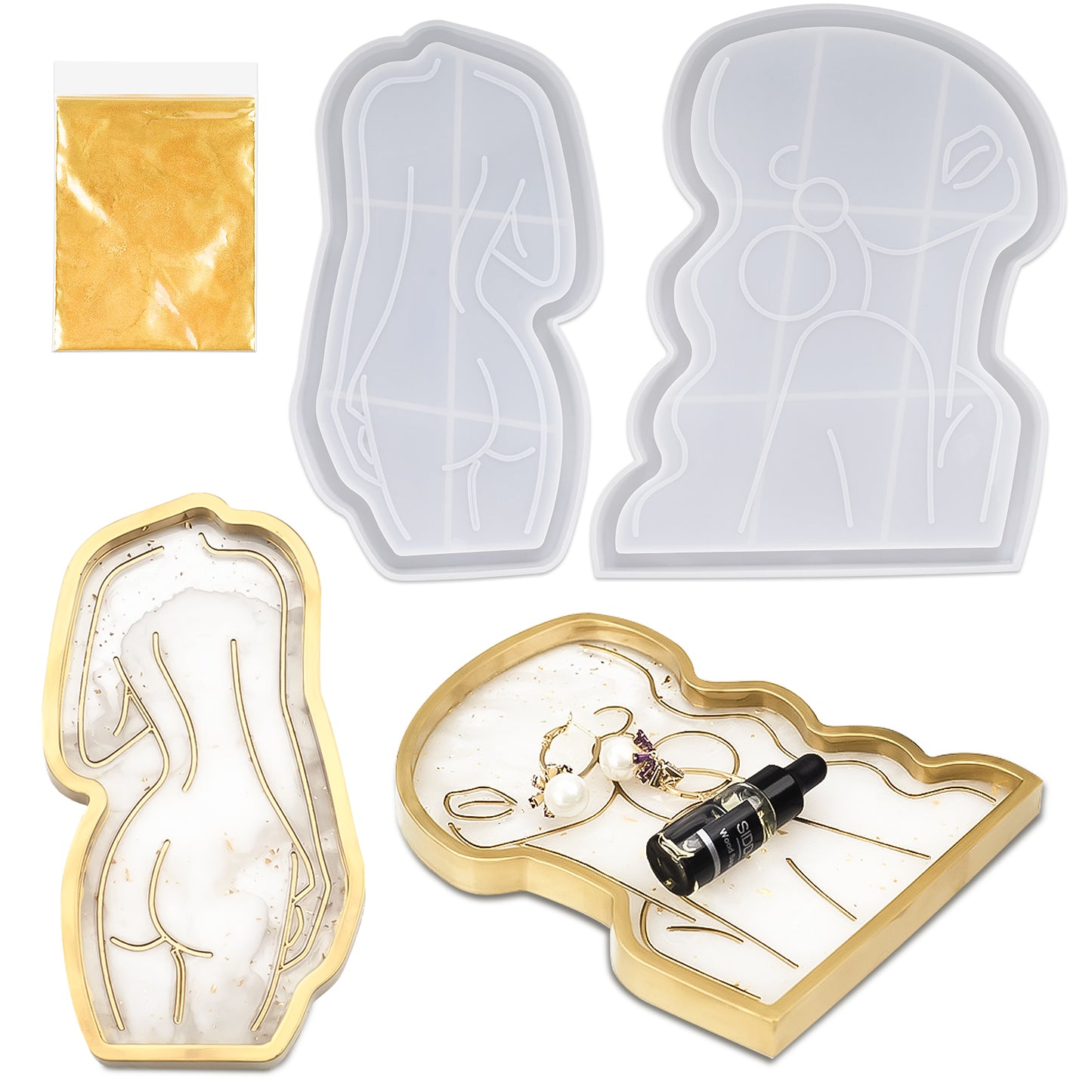 Female Model Tray 2PCS Epoxy Resin Silicone Mold Kit with Gold Glitter, Abstra