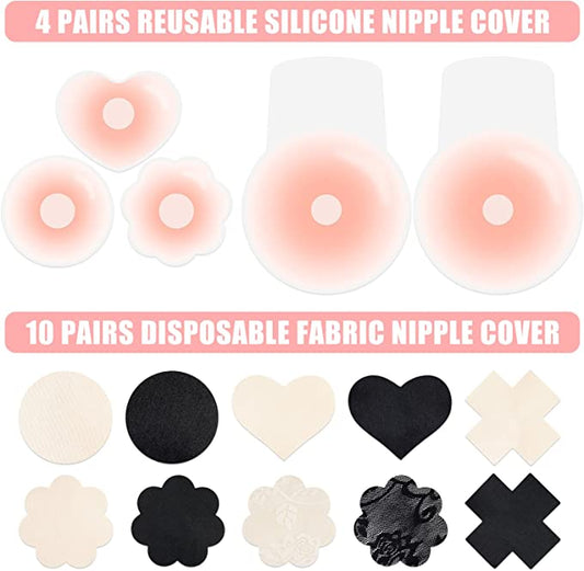 Nipple Covers Adhesive Breast Petals Travel Pouch 14 Pairs Reusable Silicone Bra