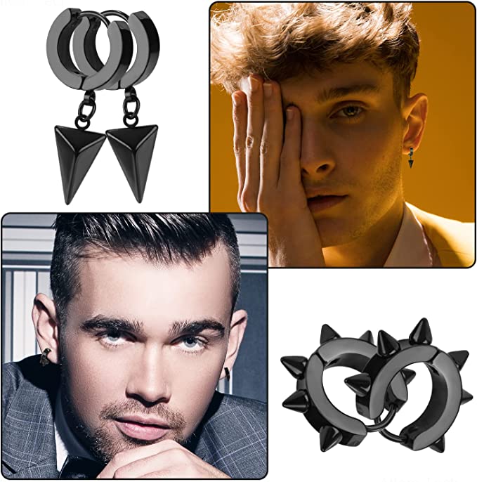 Earrings Men 12 Pairs Black Stud Hoop Earrings Hanging Earrings Stainless Steel