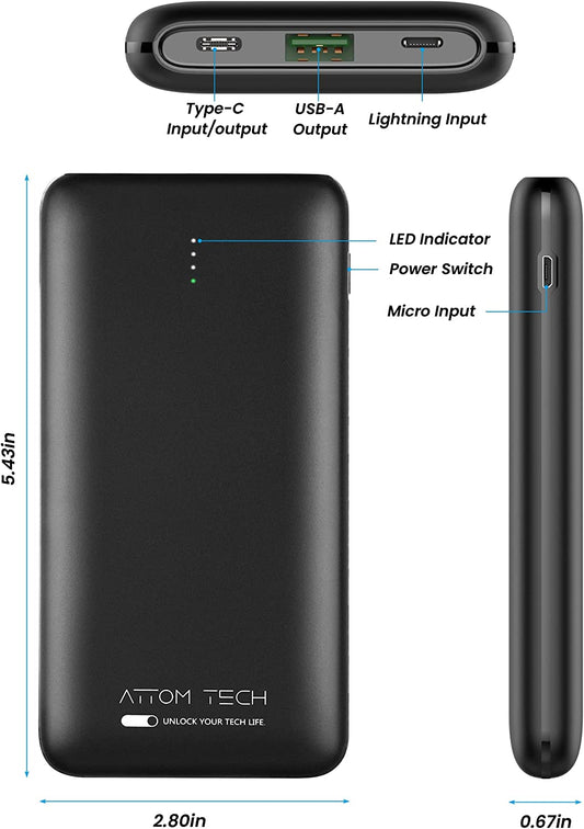 22.5W 10000mAh PD3.0 QC 3.0 Portable Battery Power Bank Type-C 2-Way High-Speed
