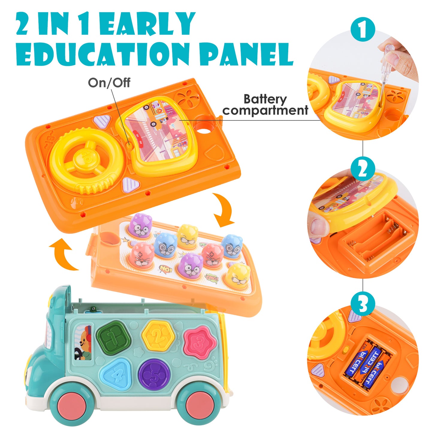 Pull Bus Toy with Lights & Sound, Musical Learning Toys for Toddlers 3+
