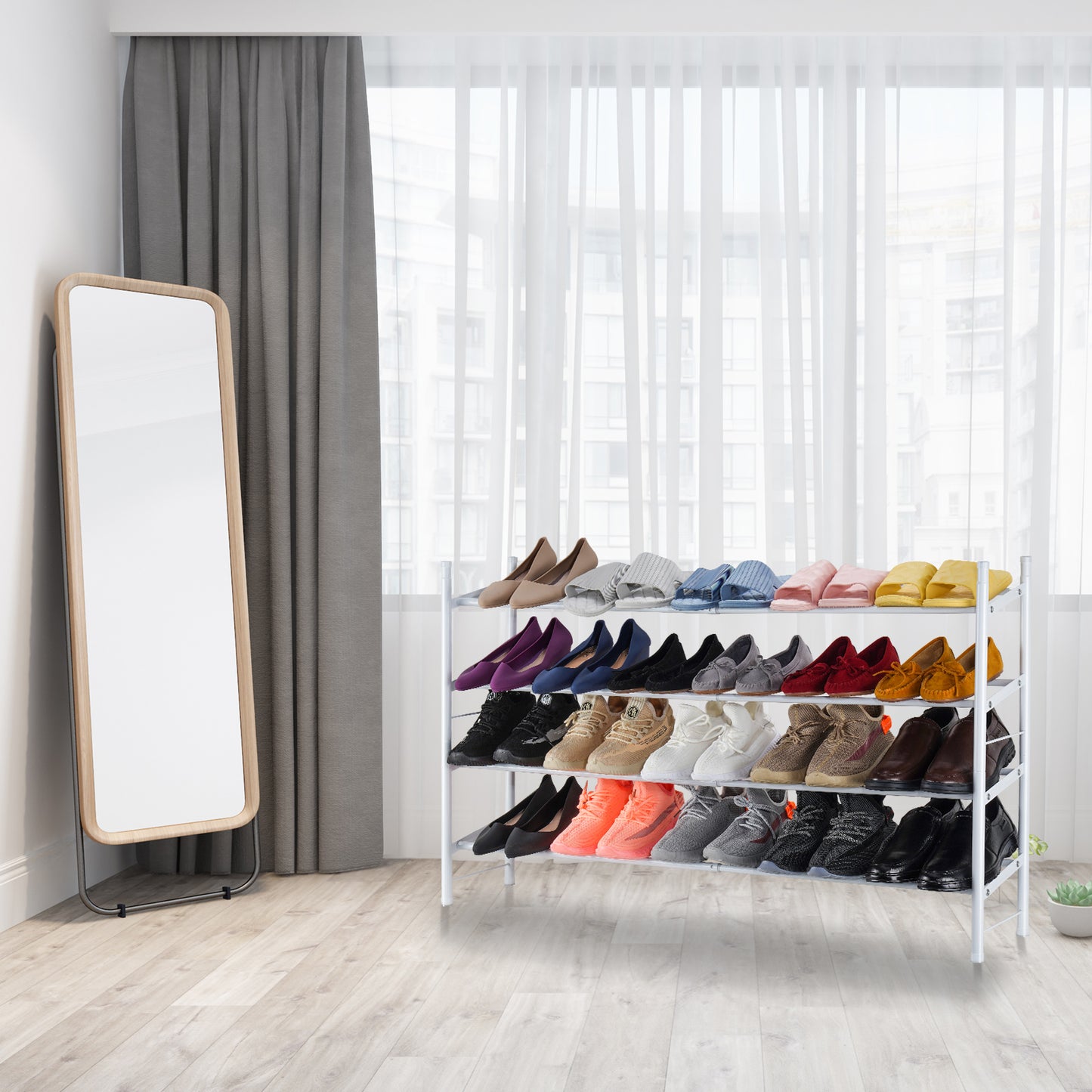 4-Tier Extendable Shoe Rack Lightweight Stretchable 12-24 Pairs Medium Metal O