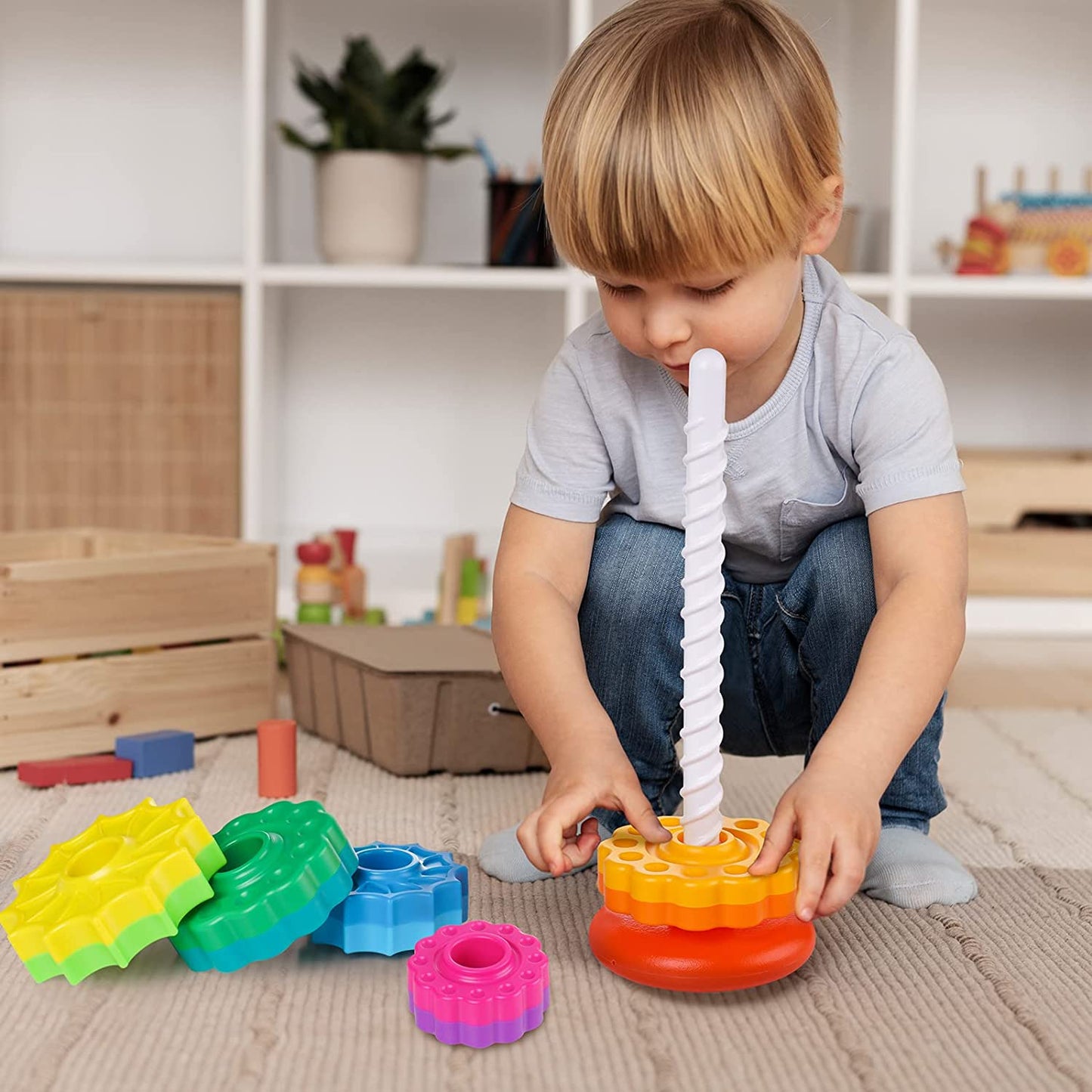Spinning Stacking Toy Kid Rainbow Tower Dual-Color Wheel Strong BPA-Free (Small)