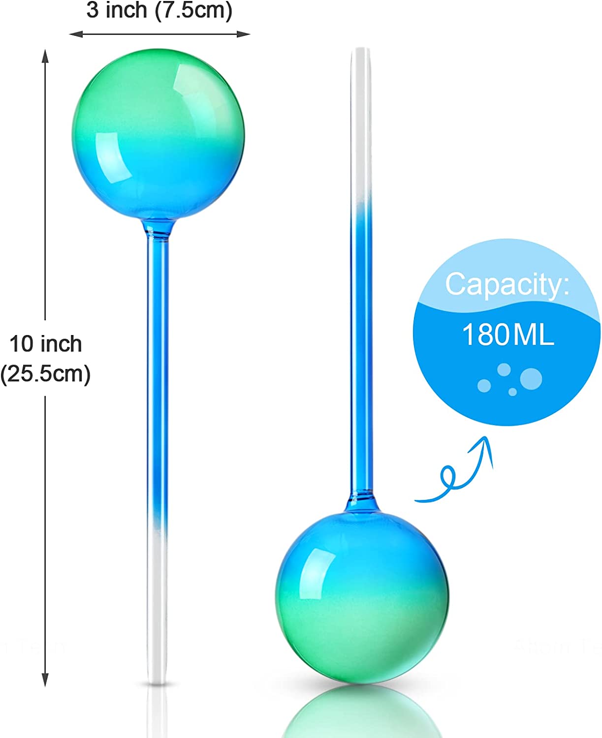 Self-Watering Globe 2PC 10" Green-Blue Iridescent Gradient Aqua Spike Glass Bulb