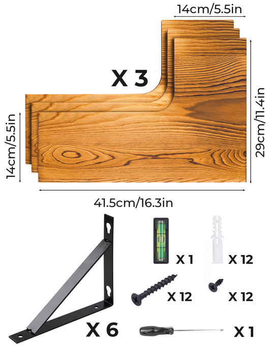 Set of 3 L-Shape Solid Wood Wall Floating Shelves Wall-Mounted 3-Tire (Pine)