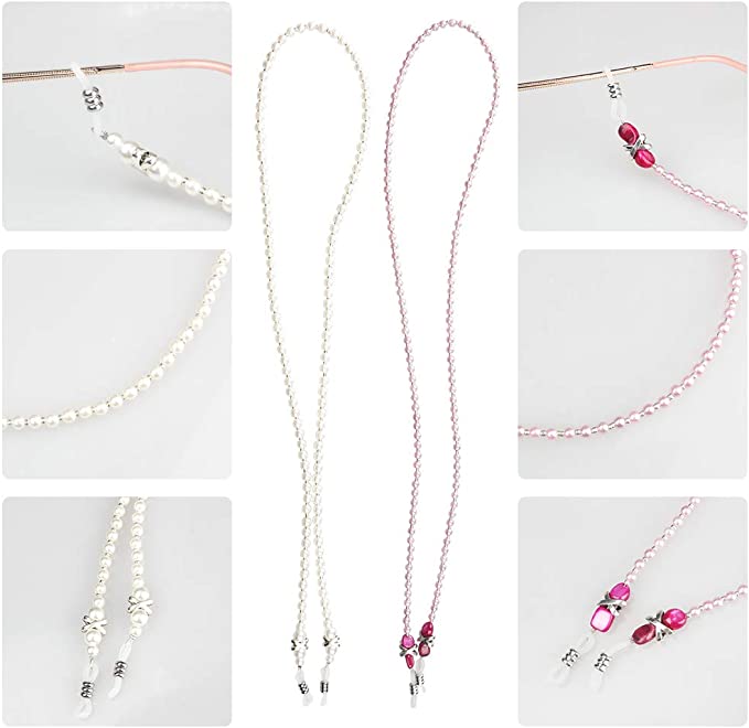 Pearl Eyeglasses Holder Strap Cords 2PCS Eyeglass Retainer Pink Beaded Strings