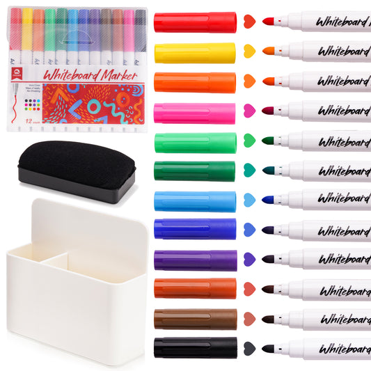 Whiteboard Magnetic Dry Erase Marker Holder Set 12 Assorted Colors Fine Dry Er