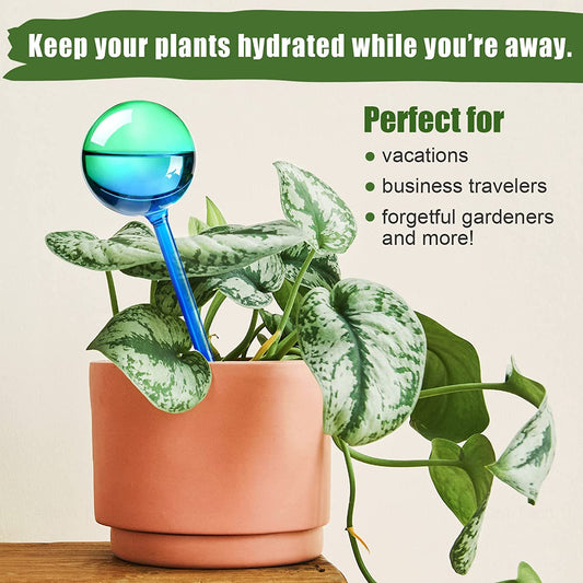 Self-Watering Globe 2PC 10" Green-Blue Iridescent Gradient Aqua Spike Glass Bulb