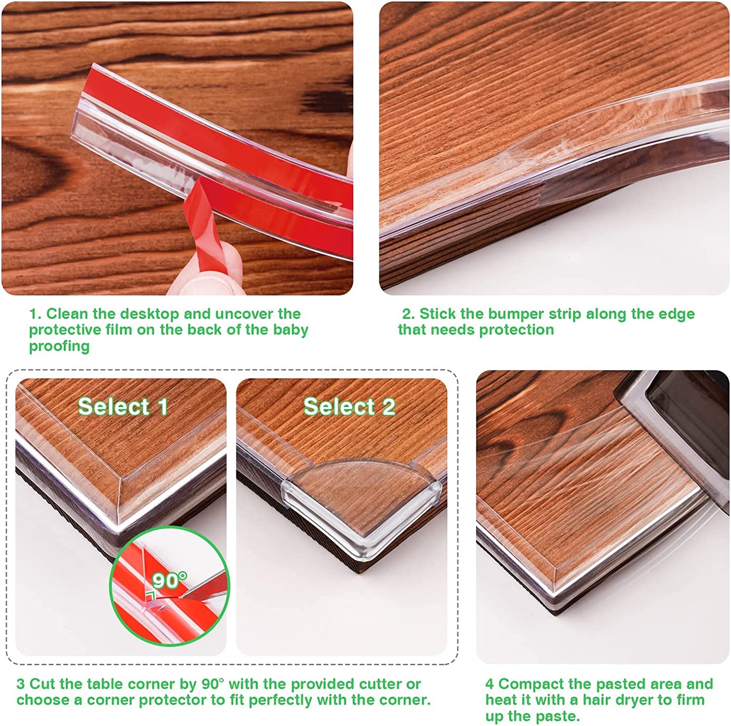 Baby Proofing 16ft/5m Soft Silicone Bumper Strip 4PCS Corner Protectors Scraper