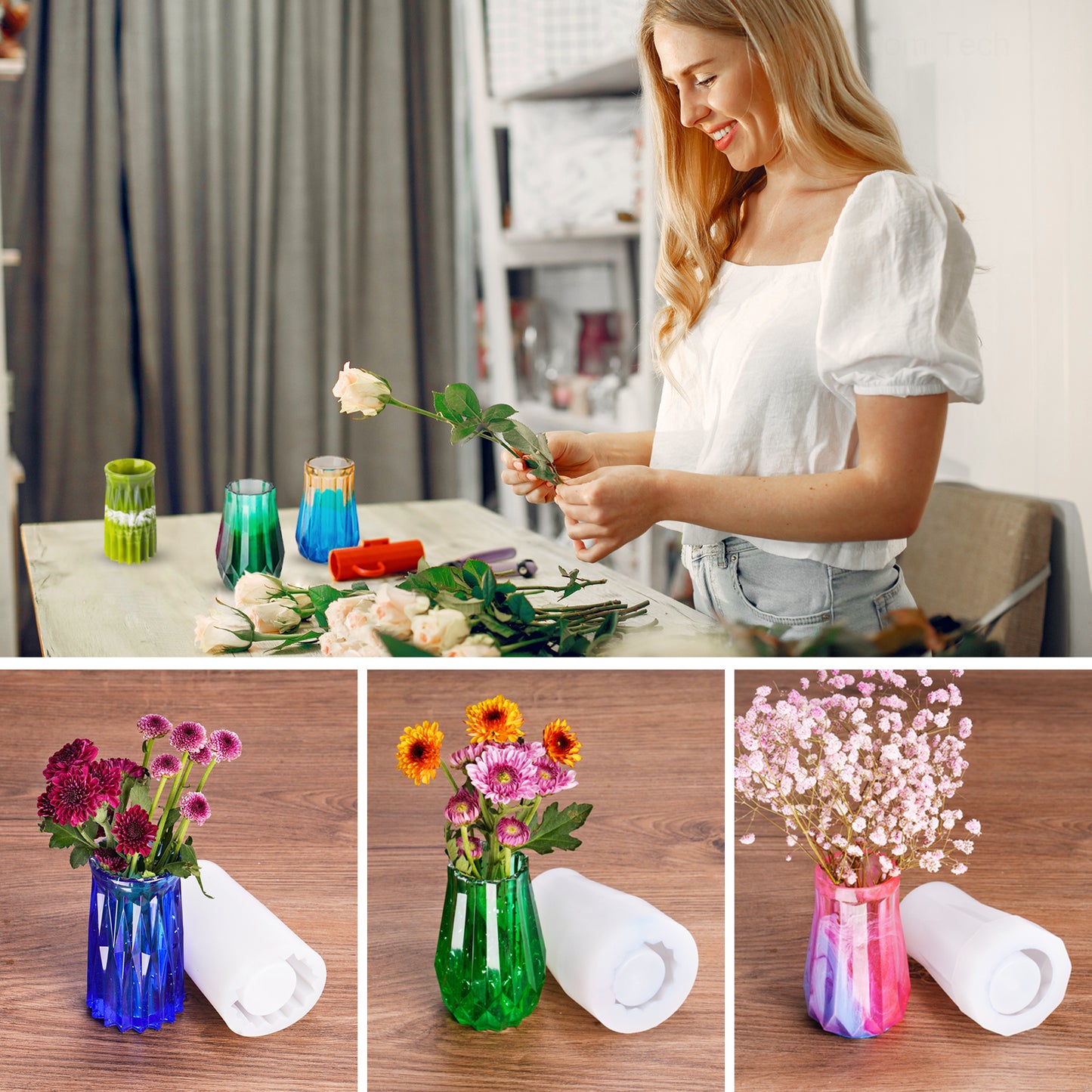 3PCS Small Crystal Vase Epoxy Resin Silicone Casting Mold+Silver Glitters, DIY