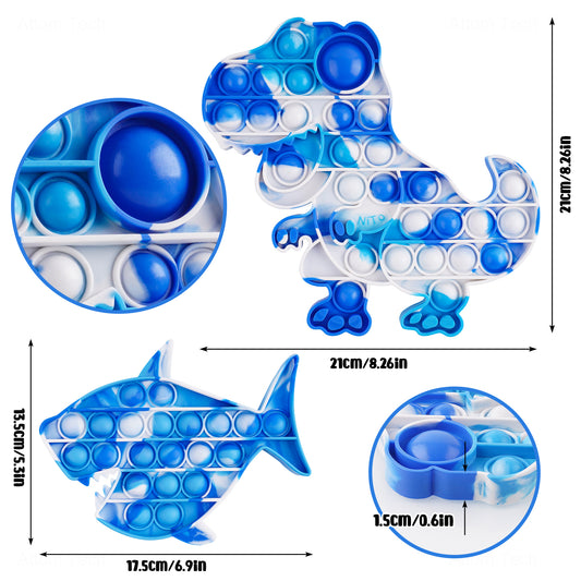 2PCS Push Pop Bubble Fidget Sensory Toys T-Rex Dinosaur & Shark, Large Silicon