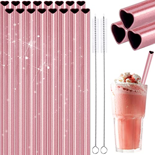 Reusable Straws 16 Pack, Stainless Steel Drinking Straws Heart Pearl Pink