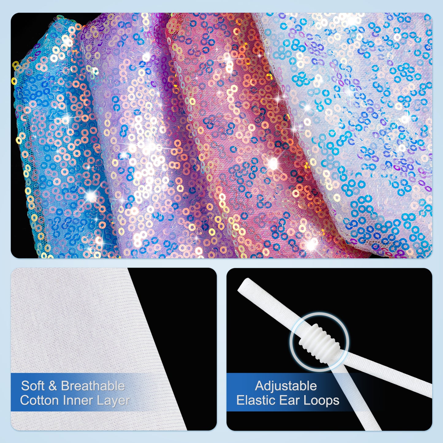 (4PCS Masks) Iridescent Magic Color Glitter Sequin Washable Fashion Protective F