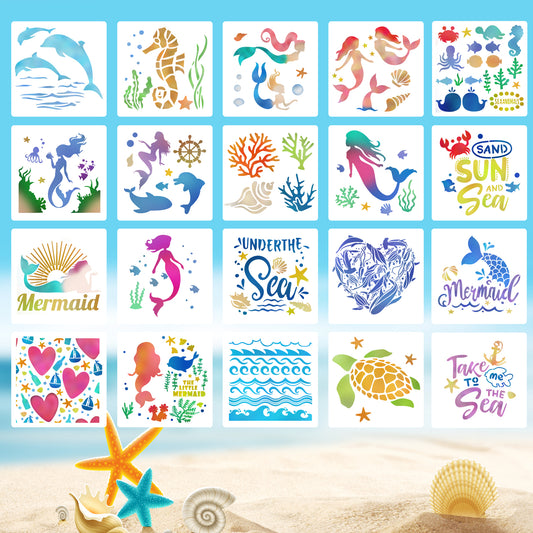 20PCS Sea Creatures Stencils, 5.9'' Mermaid Seahorse Whale Dolphin Fish School